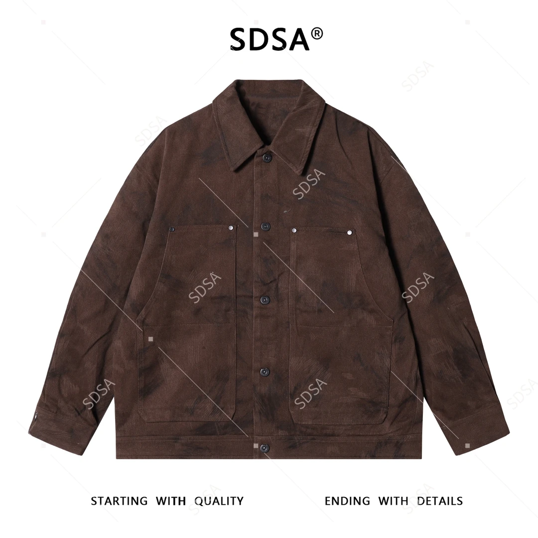 SDSA秋冬新款痞帅男装美式复古扎染铆钉纽扣翻领夹克百搭时尚外套