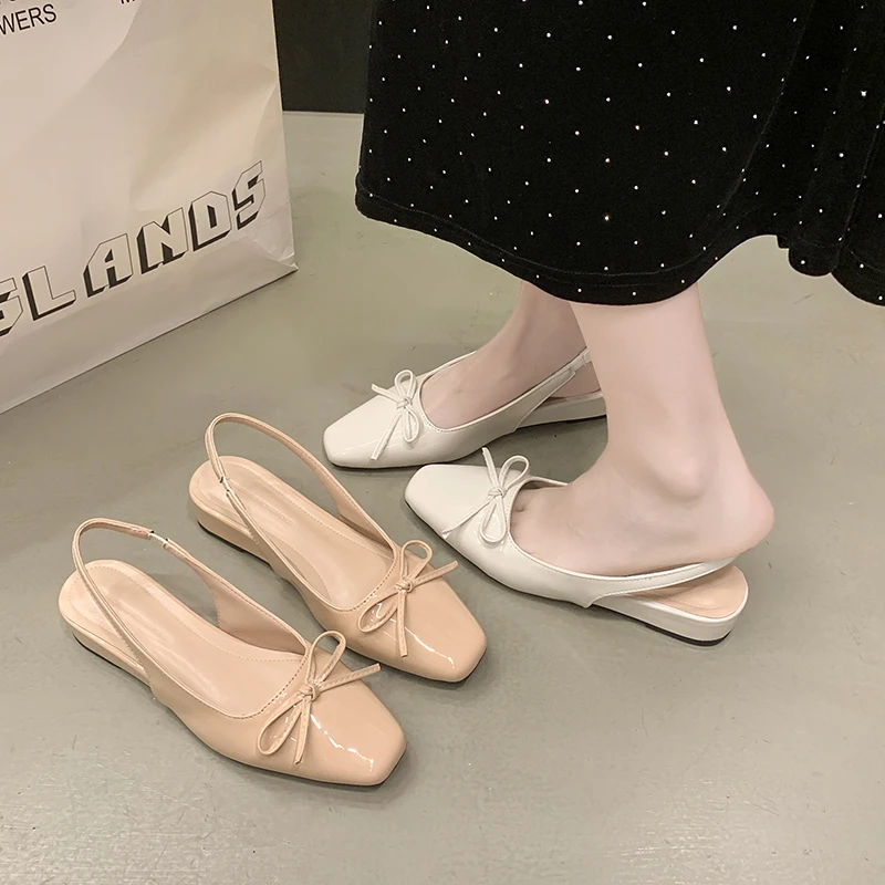 法式方头蝴蝶结不累脚内增高包头女单鞋夏季凉鞋小个子方圆头