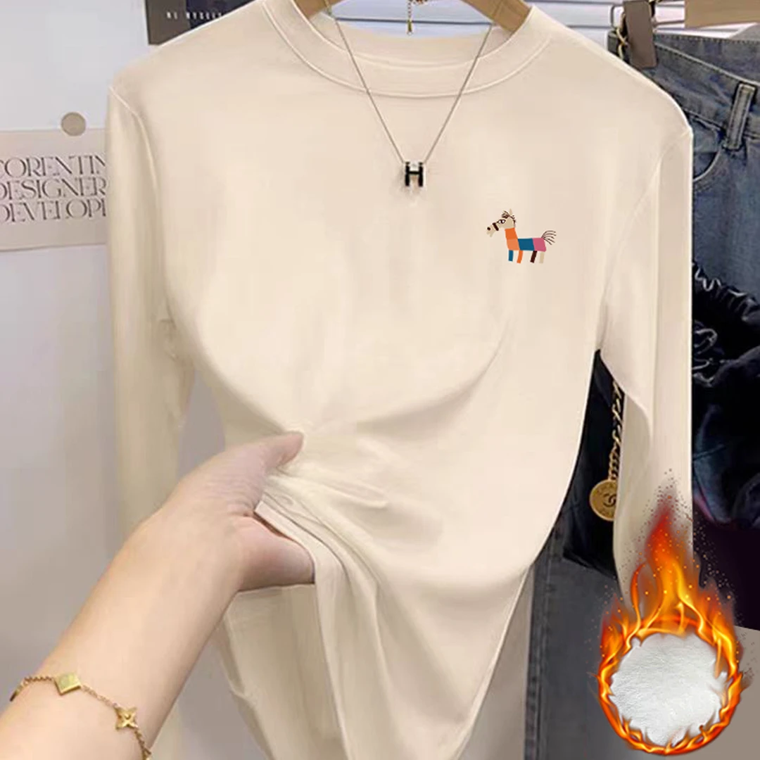 婳娇德绒长袖打底秋冬T恤女小个子简约白色圆领加厚宽松百搭上衣