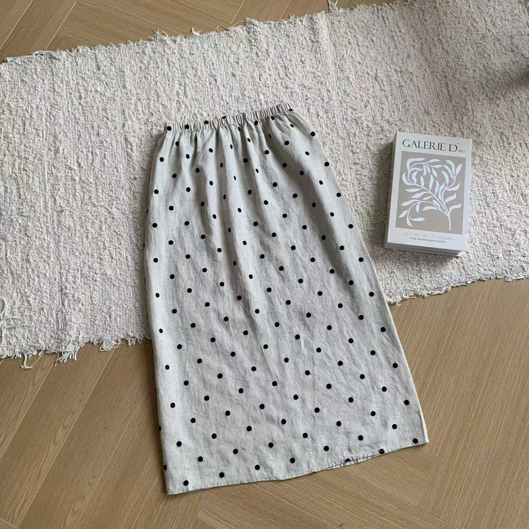 素心轻奢 2025夏季纯亚麻刺绣波点设计感百搭直筒显瘦波点半身裙
