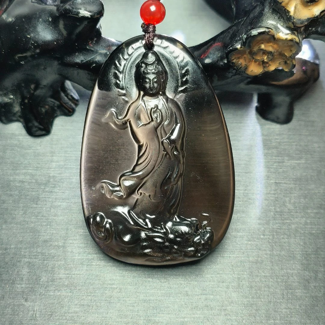 C3054（玉夫人）黑冰曜石御龙观音吊坠-带绳子-送礼佳品