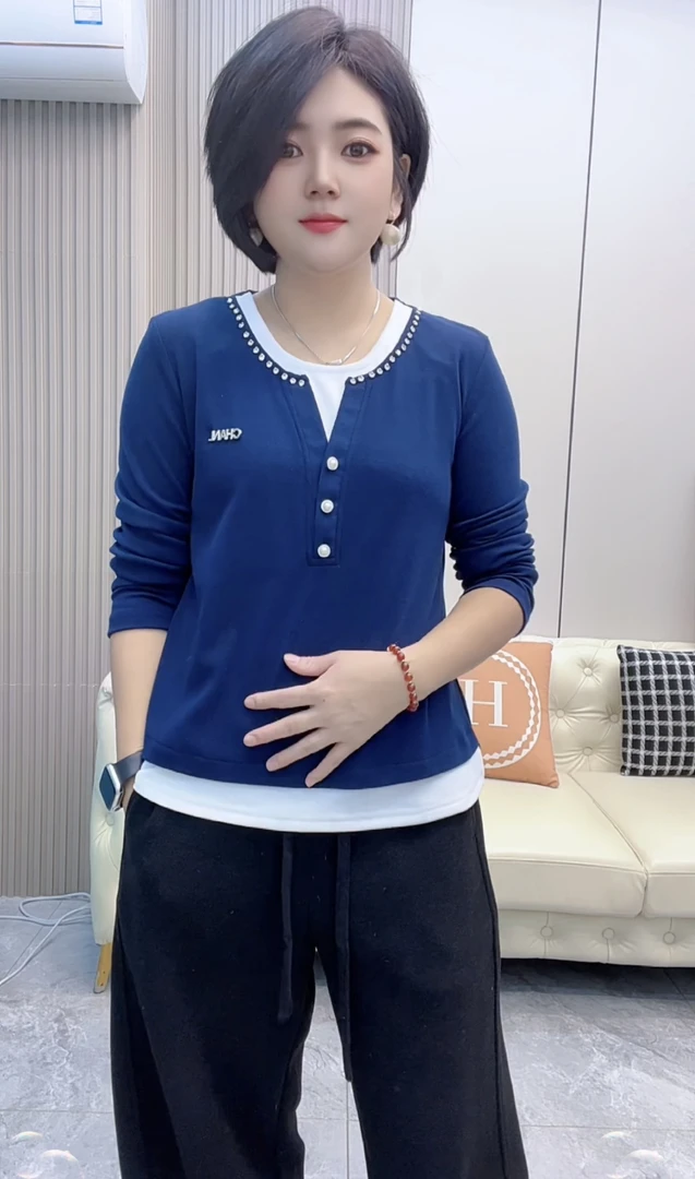 长袖打底衫女时尚休闲风宽松型纯色拼接假两件T恤圆领百搭妈妈装