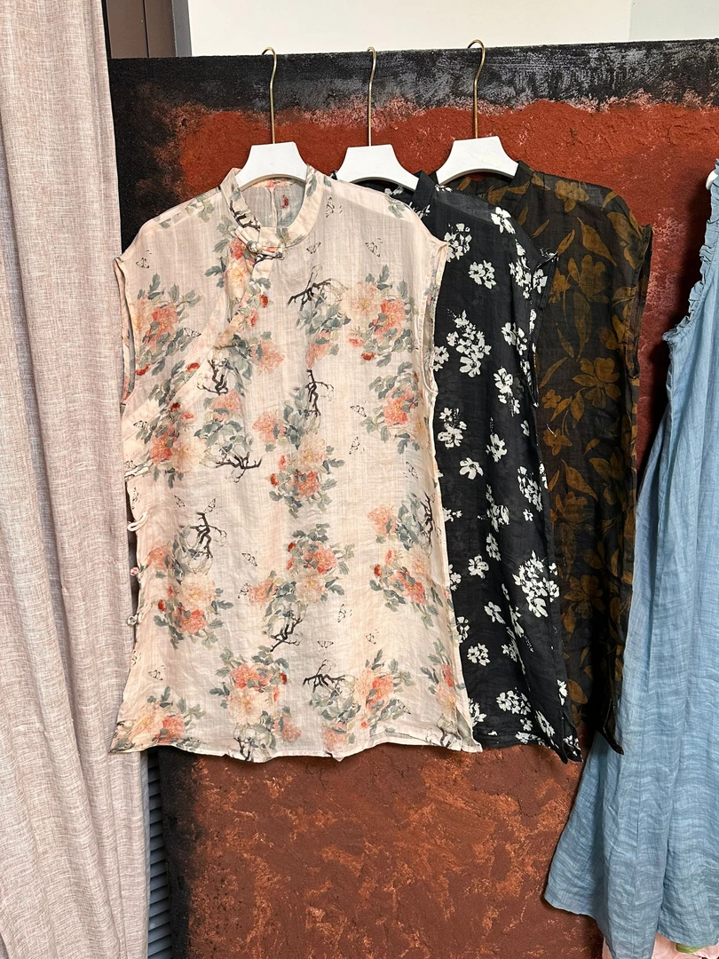 无袖常规夏季新中式中国风网红衬衫盘扣温婉风印花胸围110衣长83