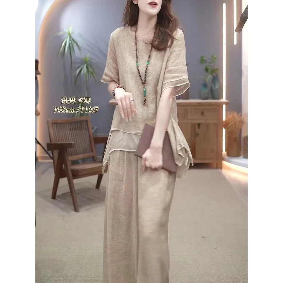 文艺复古棉麻套装女2025夏季民族风宽松显瘦遮肚气质阔腿裤两件套