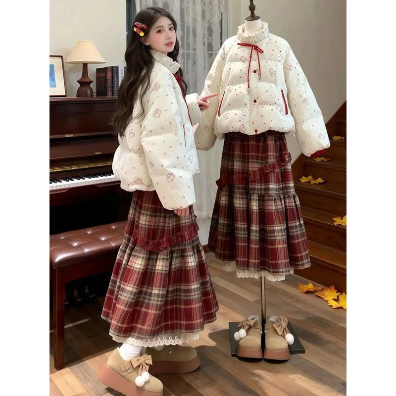 雪地氛围感满印兔子蝴蝶结立领棉服女冬季甜美文艺花苞面包服外套
