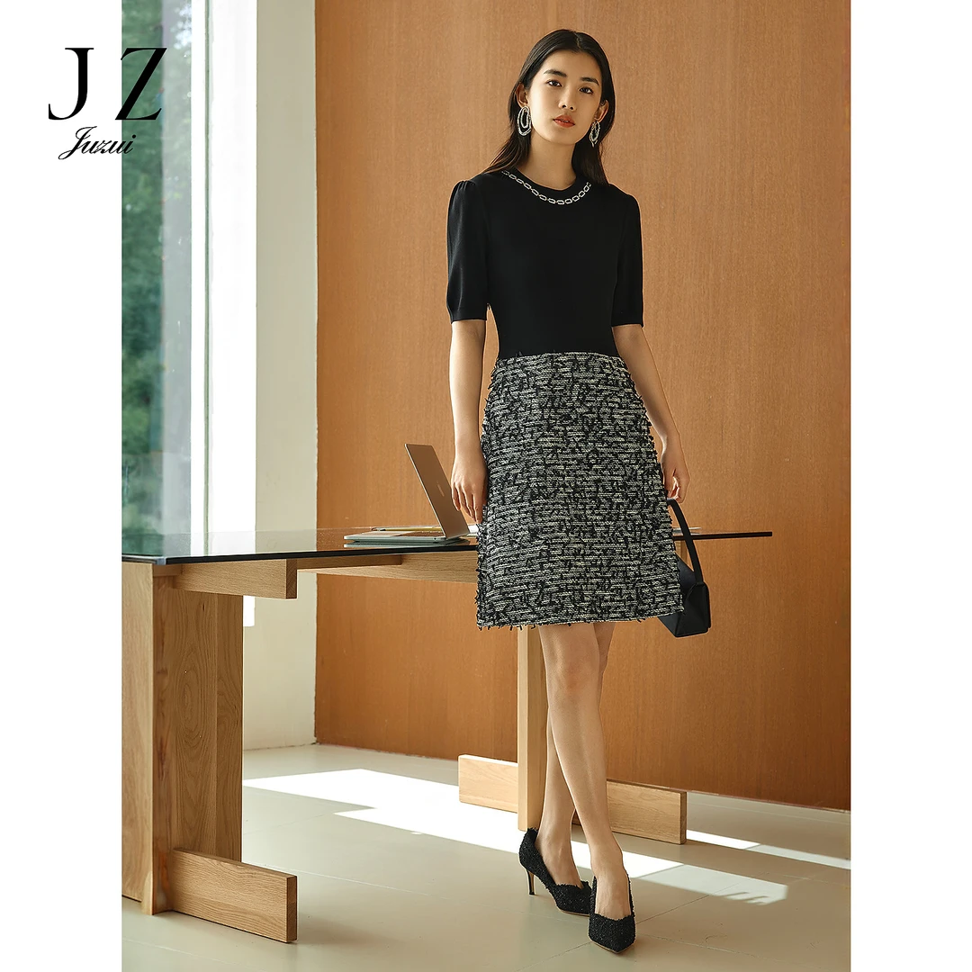 【尚雅专属】JZ玖姿JWFC50008商场同款通勤拼接花呢假两件连衣裙女