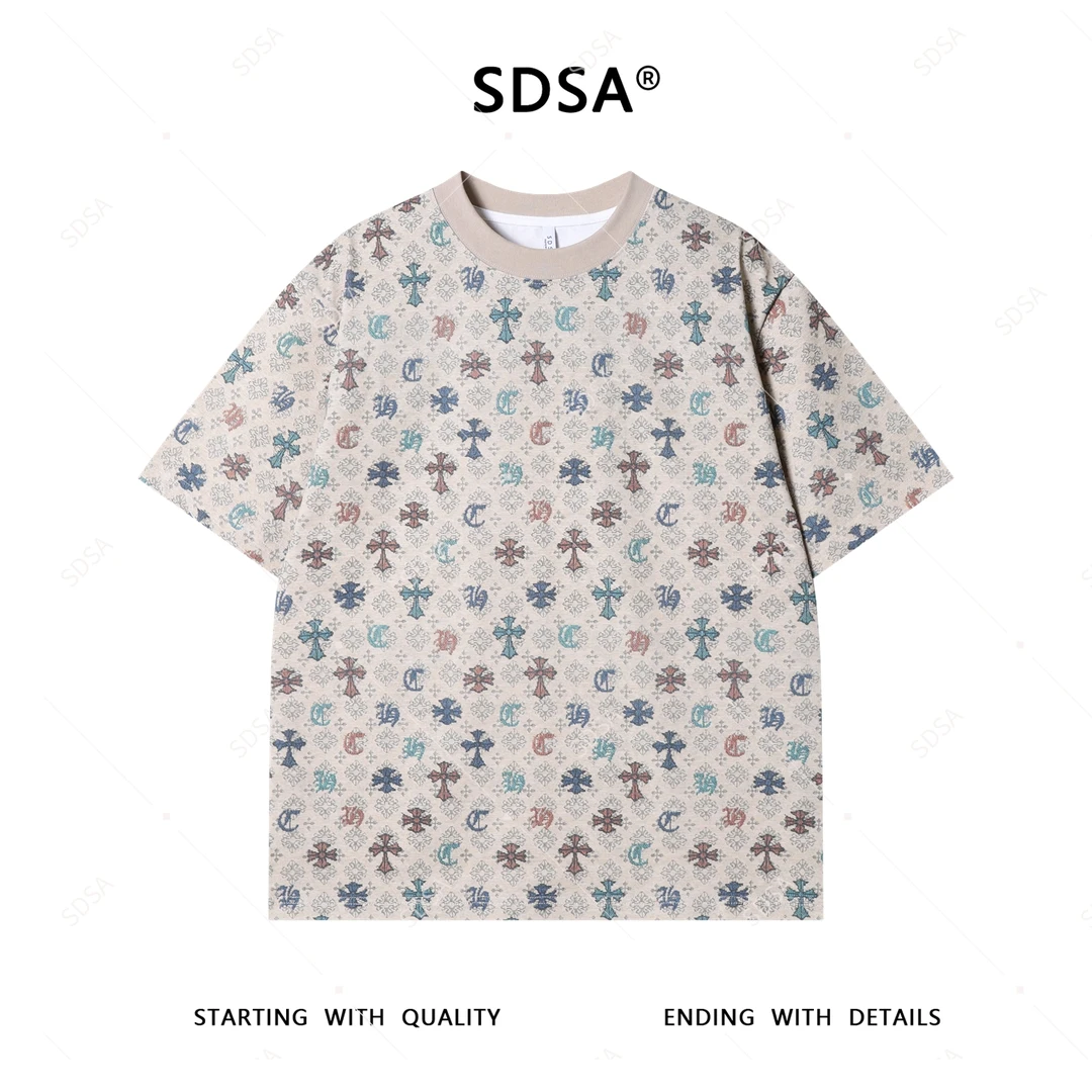 SDSA夏季高级感新款男士经典满印撞色十字图案短袖T恤百搭时尚潮