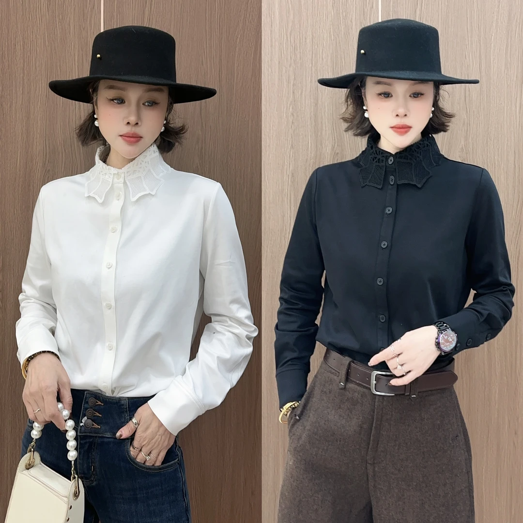 YUANJIE欧洲站精致设计感刺绣花瓣不规则领磨毛衬衫女长袖上衣