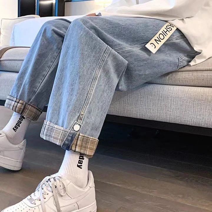 翻边格子牛仔裤男2025春秋季新款潮款直筒宽松百搭高街裤子九分裤