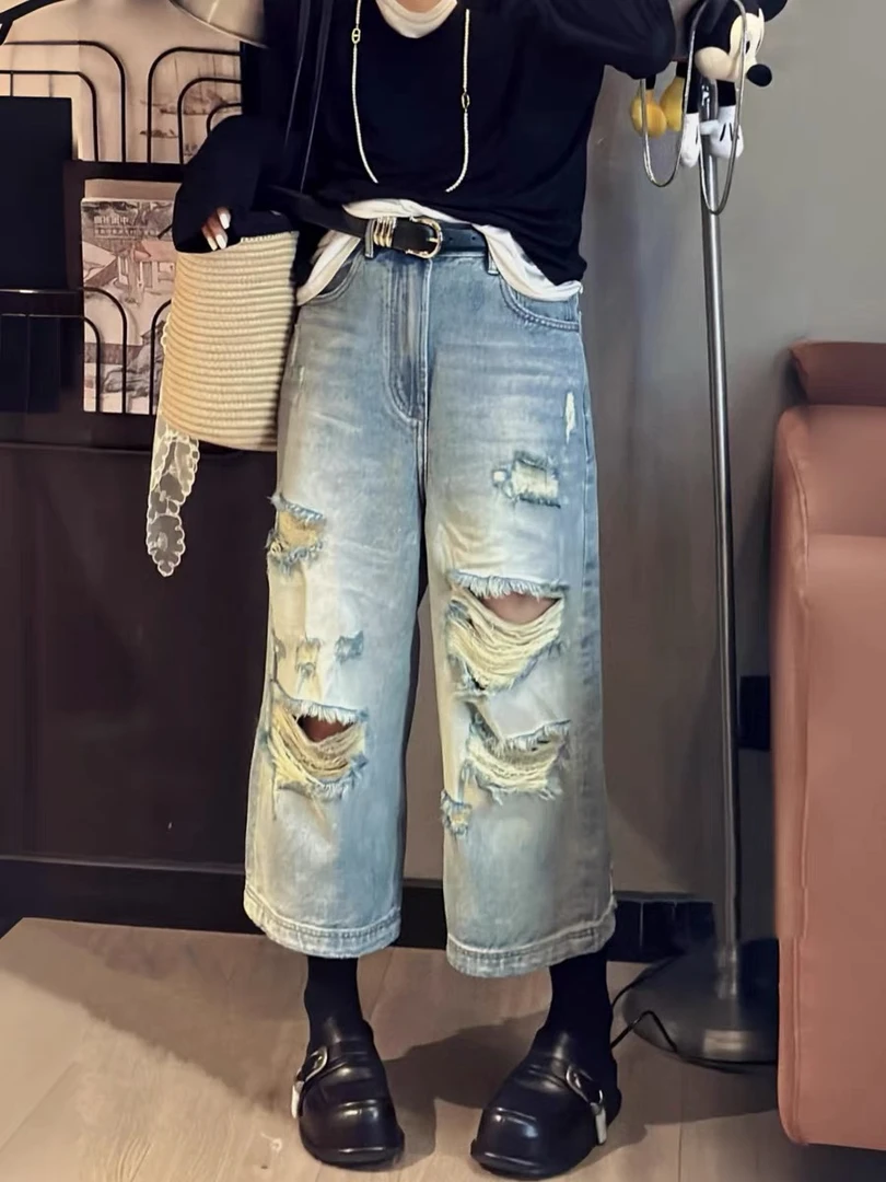 静姐秋季新款显瘦牛仔破洞高腰浅蓝色直筒牛仔裤25195