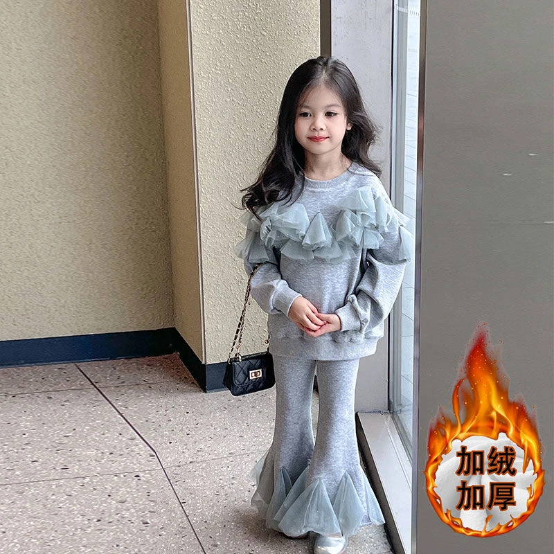 女童加绒套装2026冬装新款儿童网纱拼接卫衣女孩休闲喇叭裤两件套