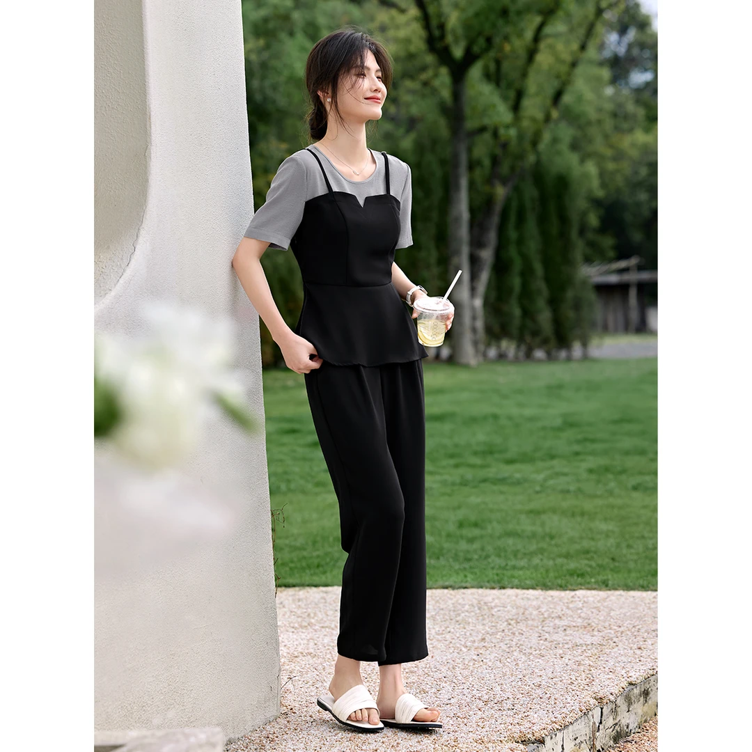 XWI/欣未优雅通勤撞色拼接套装2025初夏女款撞色上衣+锥形裤4851