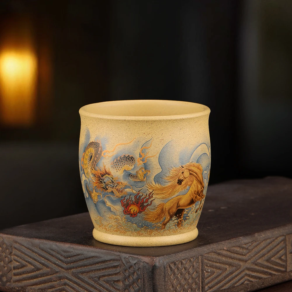 宜兴原矿紫砂主人杯 本山绿泥 描金珐琅彩  龙马精神