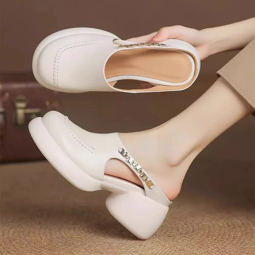 网红增高跟时尚百搭厚底粗跟包头半拖女2025夏季外穿拖鞋