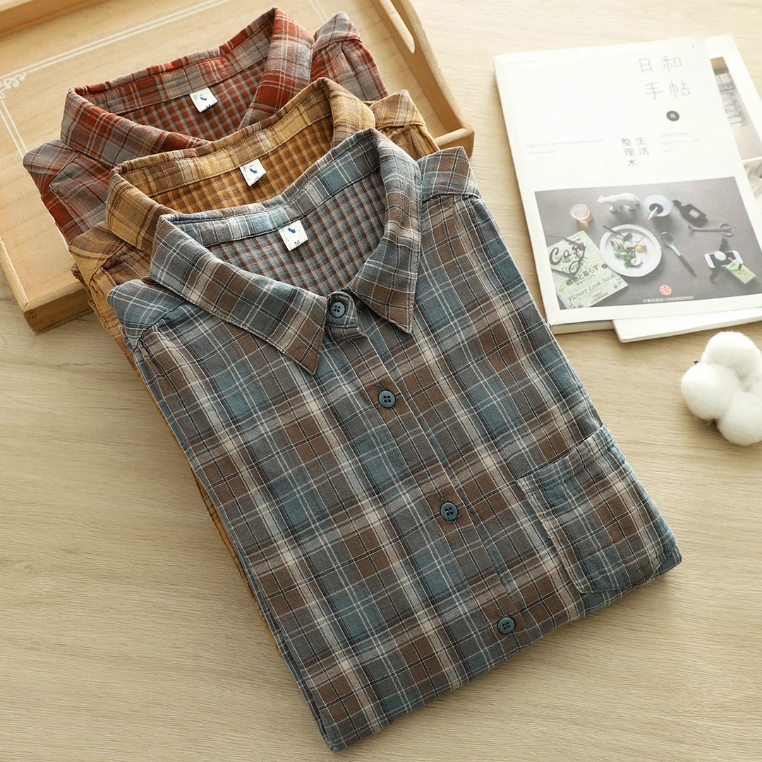 柔软如云双层棉纱格子衬衫女长袖外贸出口日单亲肤打底衫上衣