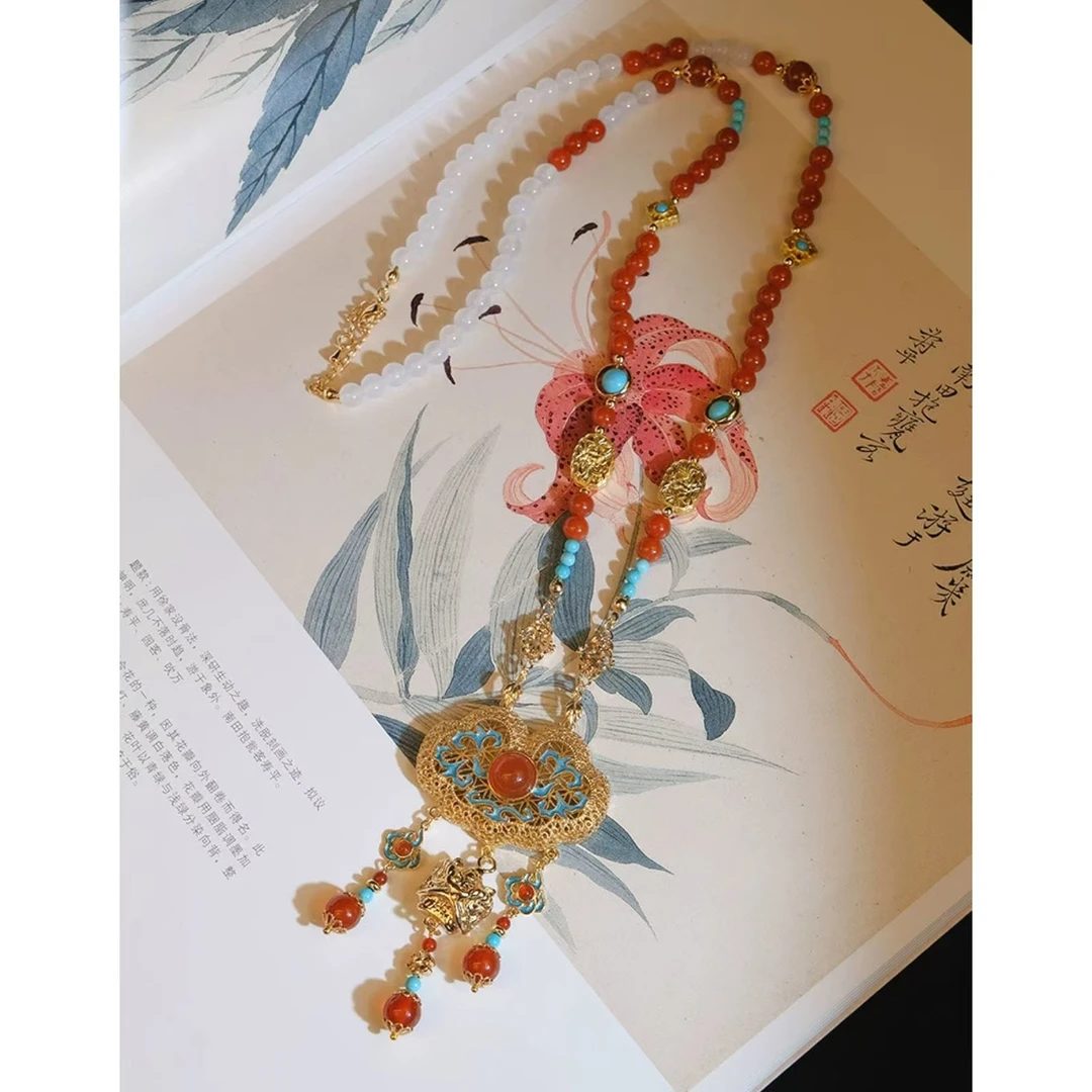 红石仿点翠平安锁大红色新年汉服长璎珞流苏背云古风项链