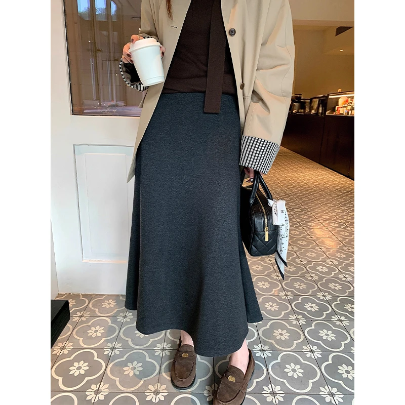 温柔气质灰色鱼尾半身裙女秋冬新款显瘦高腰宽腰头大摆a字中长裙