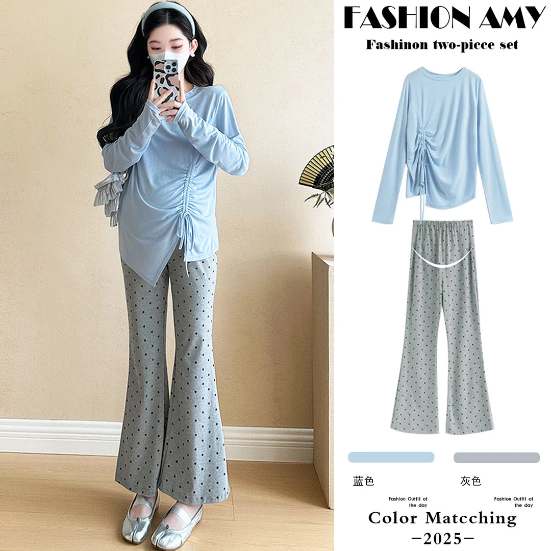 孕妇套装春装新款时尚韩版气质设计感显瘦抽绳上衣休闲波点喇叭裤