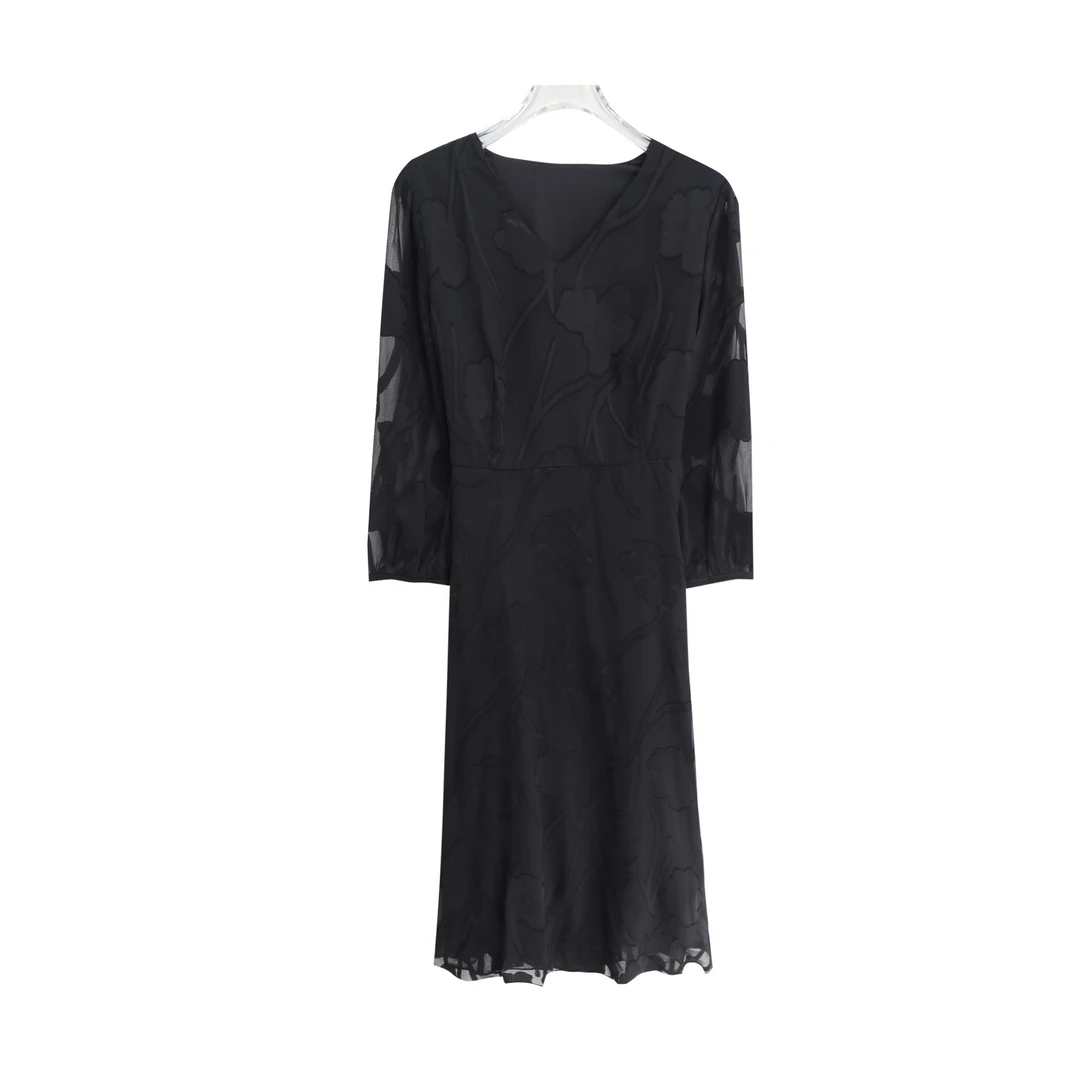 新款法式复古山印花V领御姐风连衣裙S4595