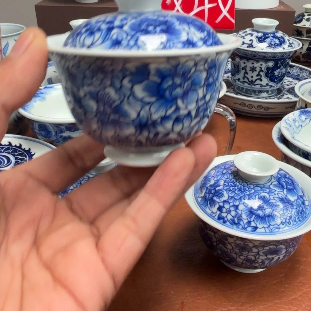 远***岫陶摆件手绘万花盖碗景德镇发货