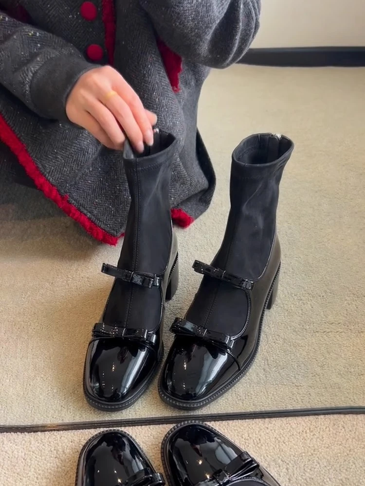 羊皮版~小香风羊皮弹力瘦瘦靴蝴蝶结后拉链粗跟短靴高跟显瘦袜靴