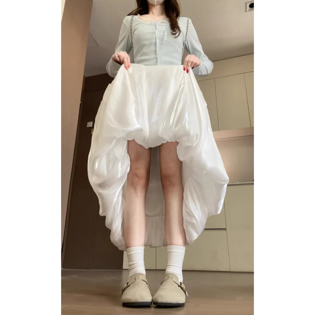 波光粼粼白色花苞裙女2025春夏新款高腰百搭显瘦甜美半身裙夏季