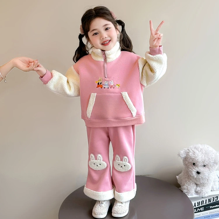 女童加绒套装秋冬季2025新款儿童休闲加厚卫衣两件套宝宝潮款外套
