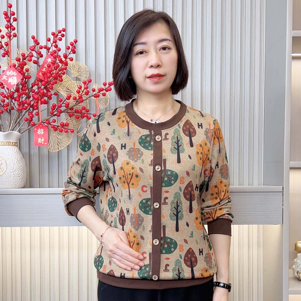 春款上新洋气圆领妈妈装长袖洋气中年春装印花宽松中老年上衣气质