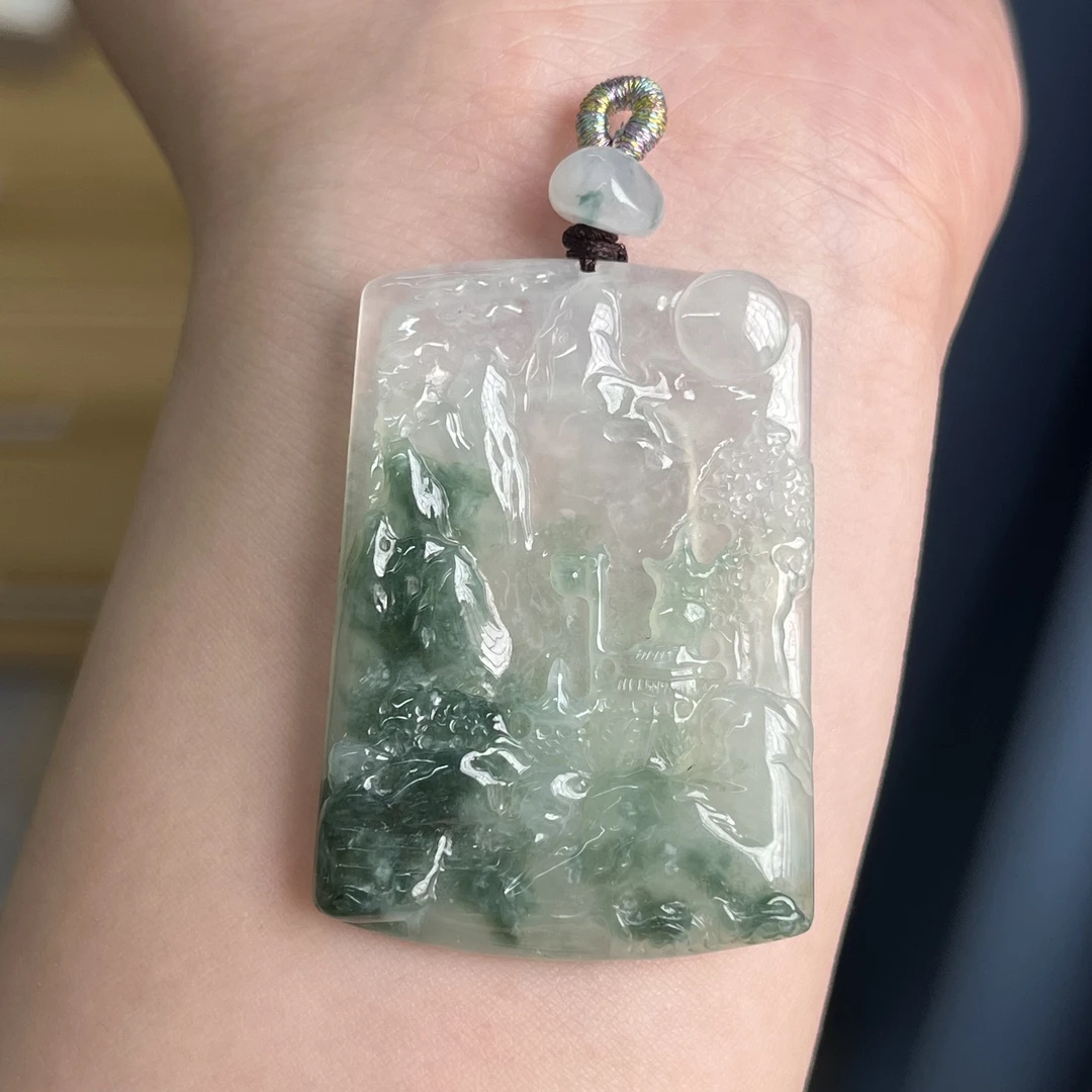 天然缅甸翡翠A货冰种飘花山水牌翡翠方牌吊坠天然翡翠玉吊坠男士