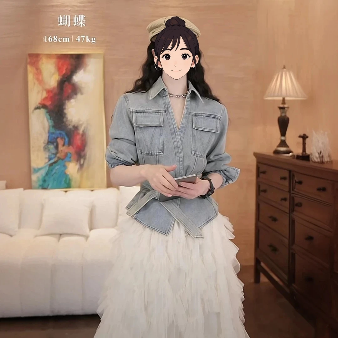 美式港风洗水牛仔短外套女可卸腰系带开衫2025春新款蛋糕裙两件套