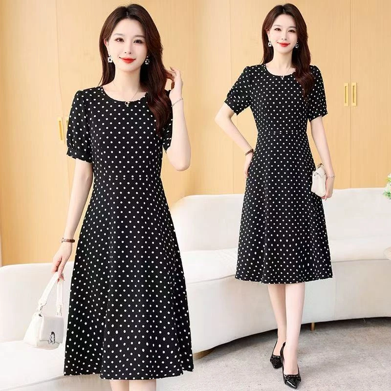 9678-夏季连衣裙宽松新款妈妈显瘦气质中长款波点裙子短袖【F仓】