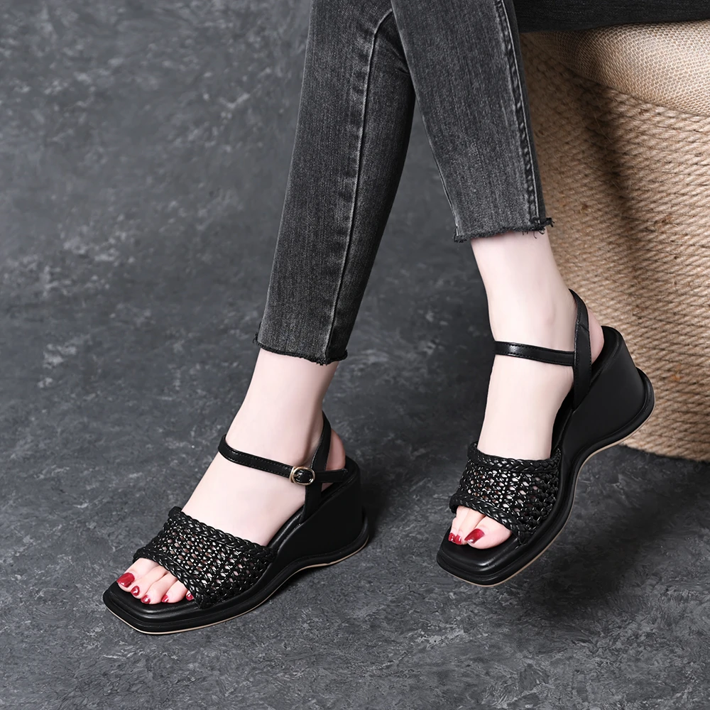 法式编织露趾罗马凉鞋女2025新款夏季小个子气质厚底配裙子凉鞋