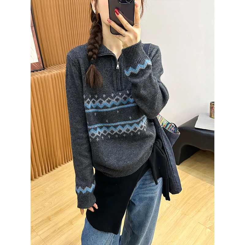 复古提花高领软糯毛衣女秋冬新款胖妹妹宽松百搭慵懒风打底针织衫