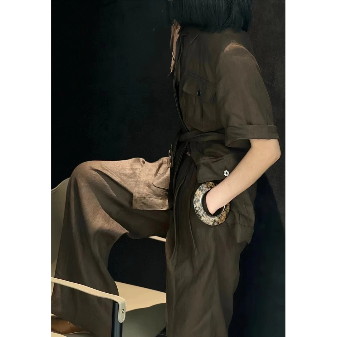 法式老钱风春夏复古亚麻咖短袖外套阔腿裤套装休闲松驰感女两件套