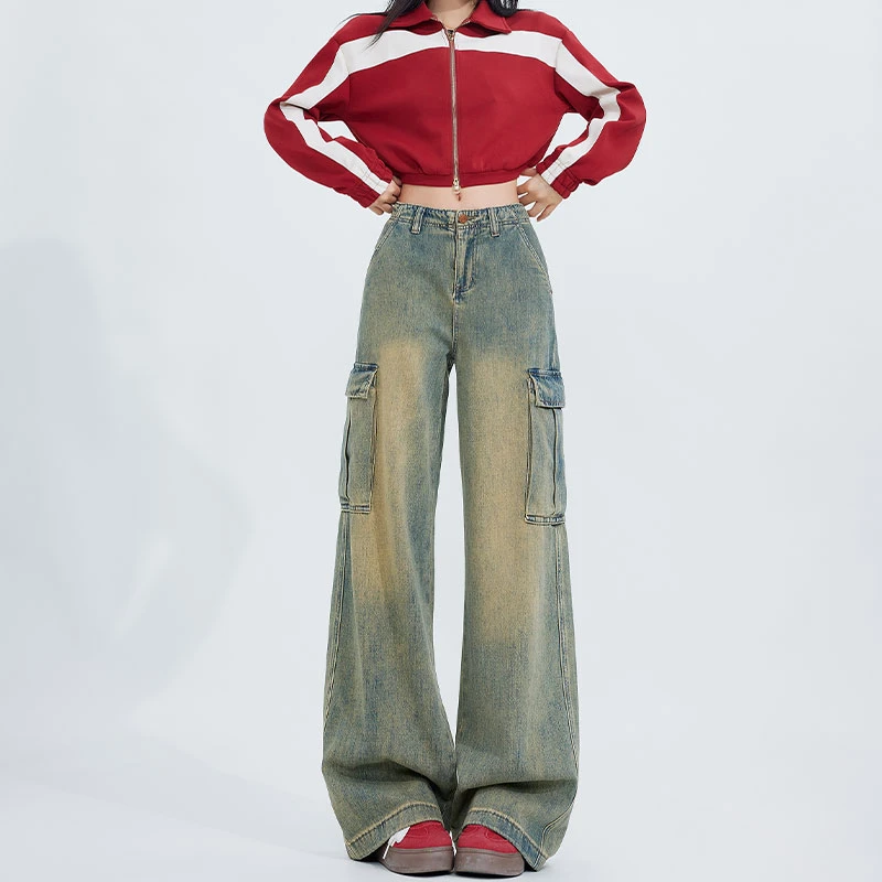 美式复古怀旧工装牛仔裤女春秋新款高腰显瘦阔腿拖地长裤子百搭