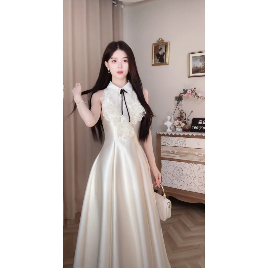 Blovelan【许我耀眼】香榭映雪​ 富家千金无袖翻领珠光高级感连衣裙