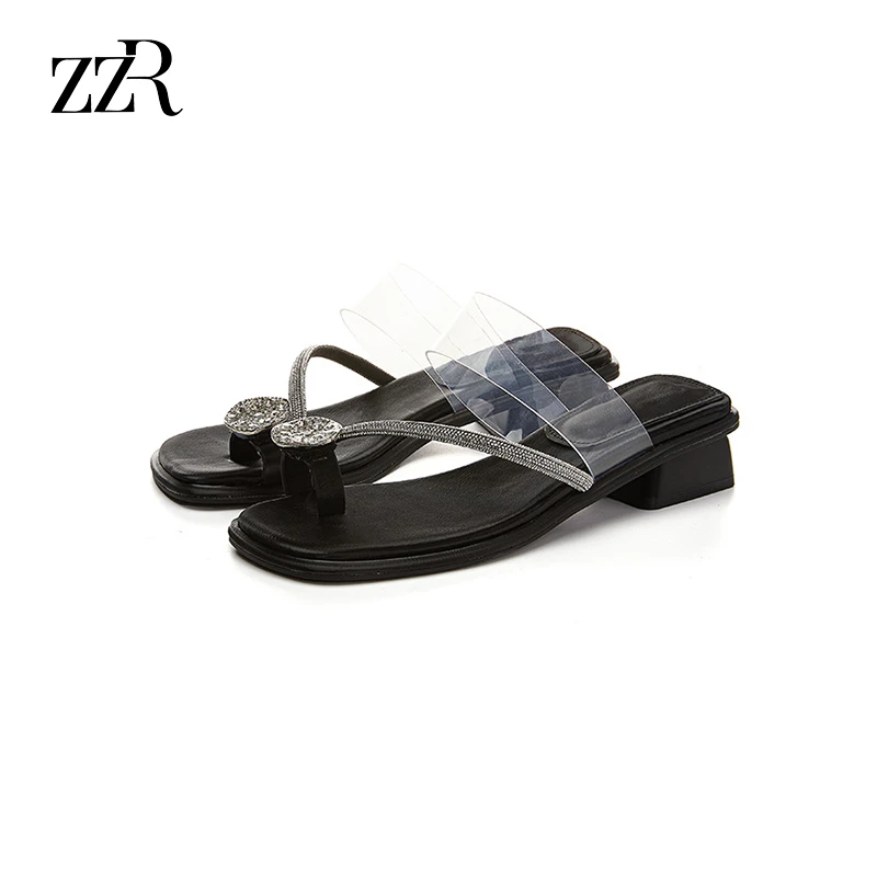 ZZR仙女风水钻粗跟凉鞋女夏季新款百搭休闲夹趾拖鞋