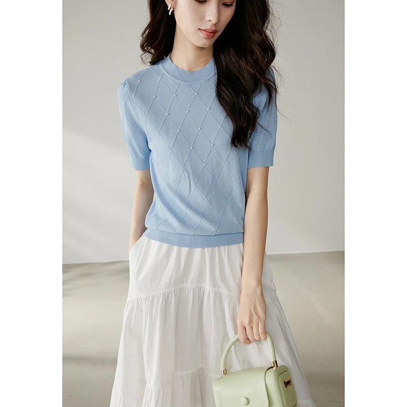 晚白【新品】夏T恤航海系弹力圆领钉珠针织短袖女25011805/25011806