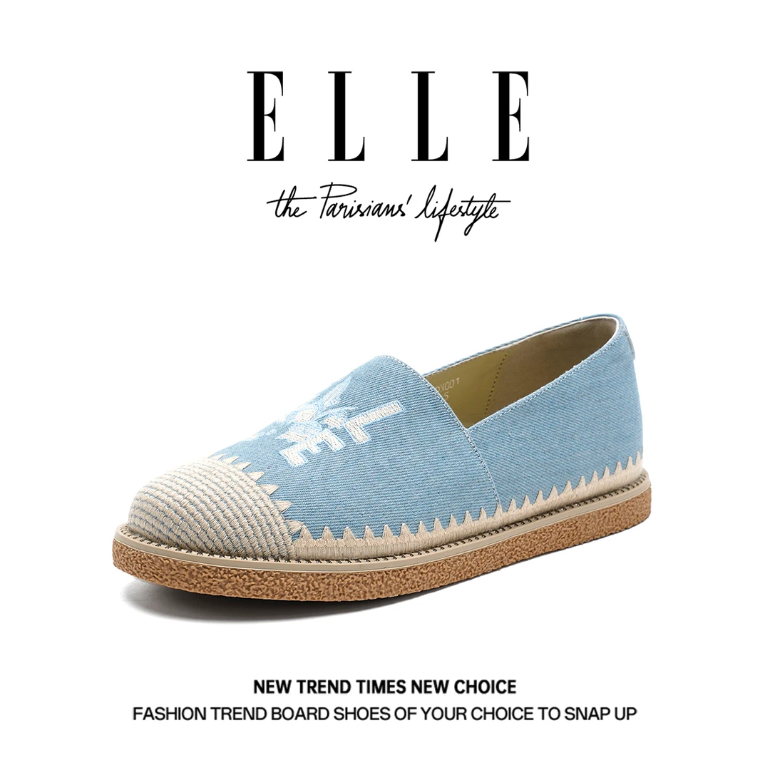 ELLE小香风绣花平底单鞋女2025冬季款懒人一脚蹬透气不闷脚渔夫鞋