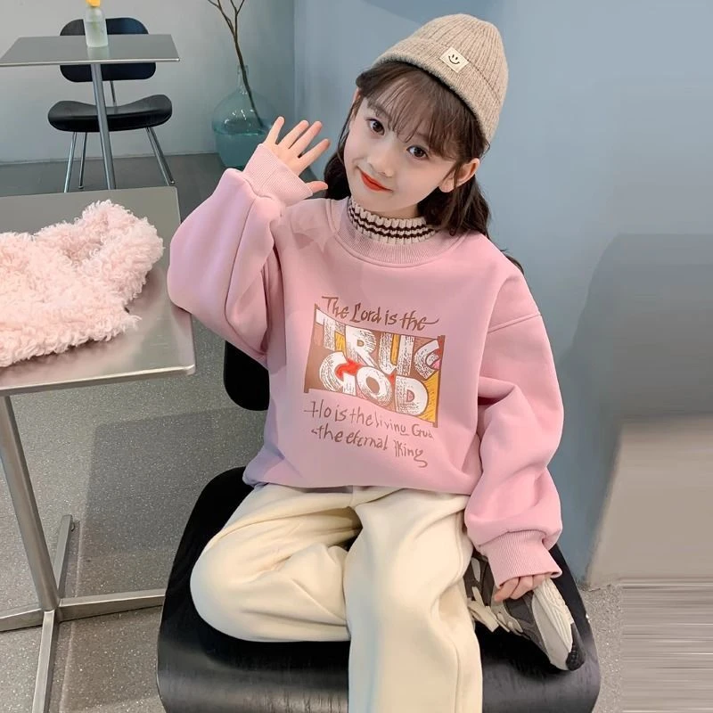 女童加绒卫衣秋冬装新款洋气加厚儿童半高领女孩一体绒上衣潮