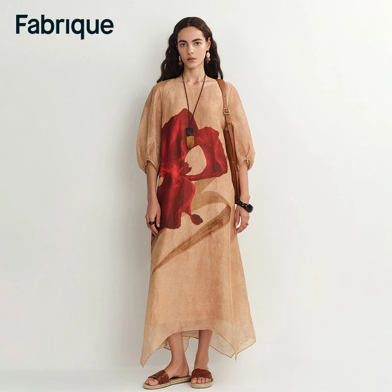Fabrique Mia 春夏新款鸢尾印花桑蚕丝亚麻复古宽松长袍连衣裙
