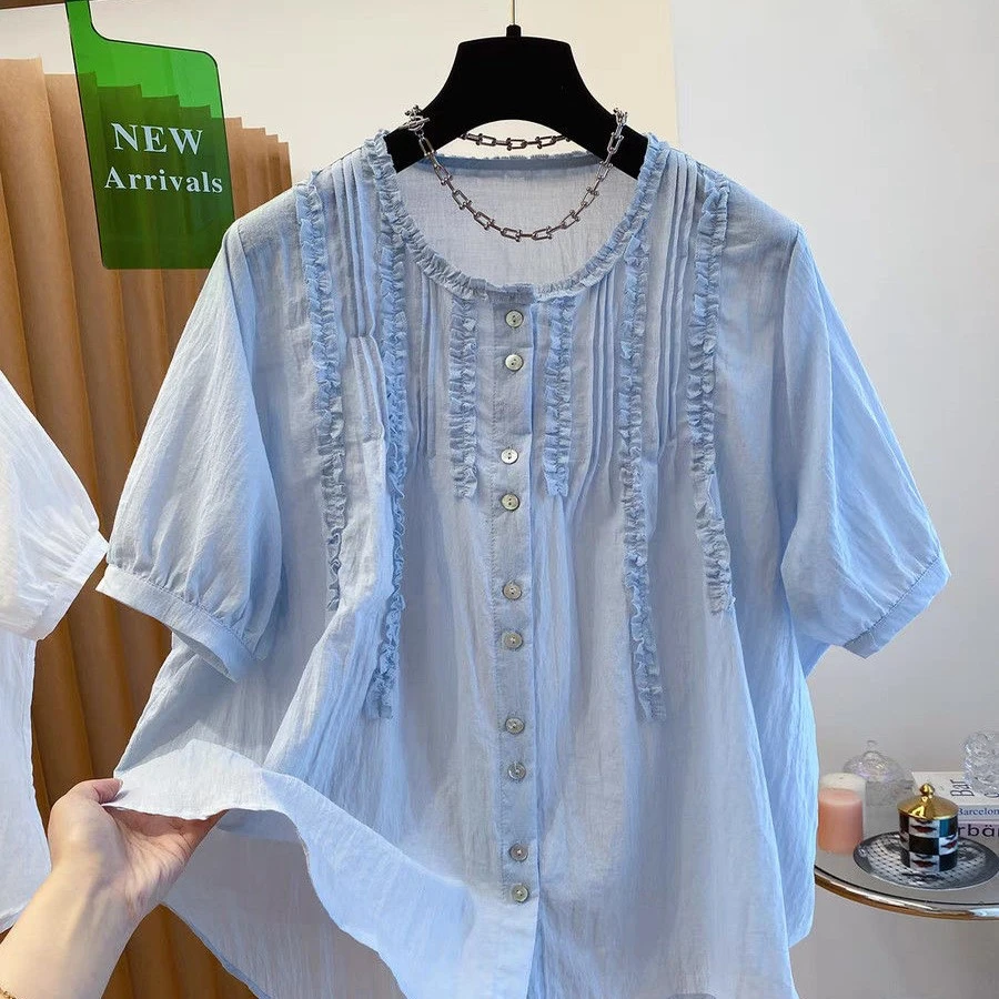 大码300斤木耳边蓝色圆领衬衫女夏薄款宽松遮肉显瘦减龄短袖衬衣