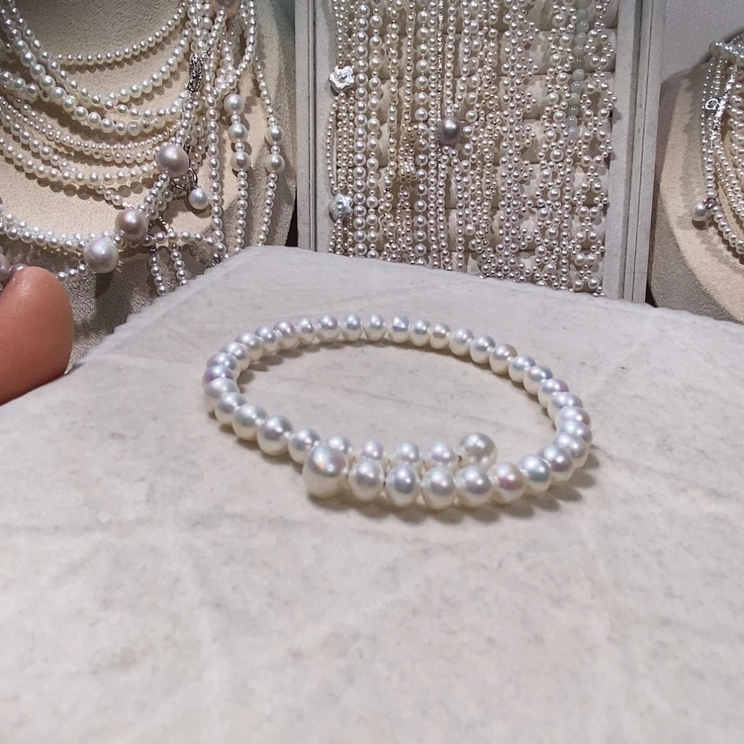 银S925镶嵌耳饰淡水珍珠极光炫彩6-7手镯（不退换）