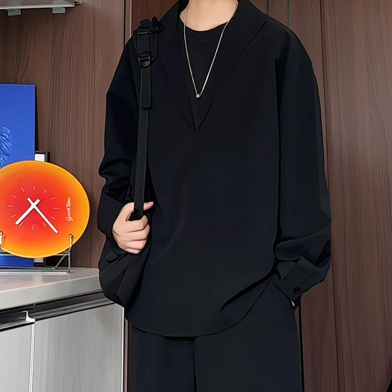 新款老钱风长袖纯色假两件V领POLO衬衫男宽松痞帅设计感大码上衣