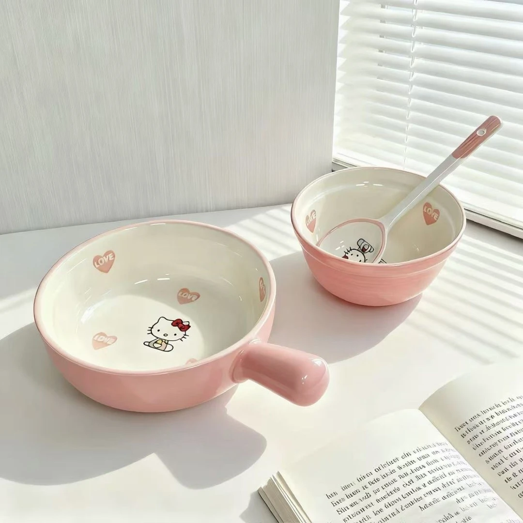 网红家用卡通Kitty釉下彩餐具套装少女心加厚瓷手柄拉面碗米饭碗