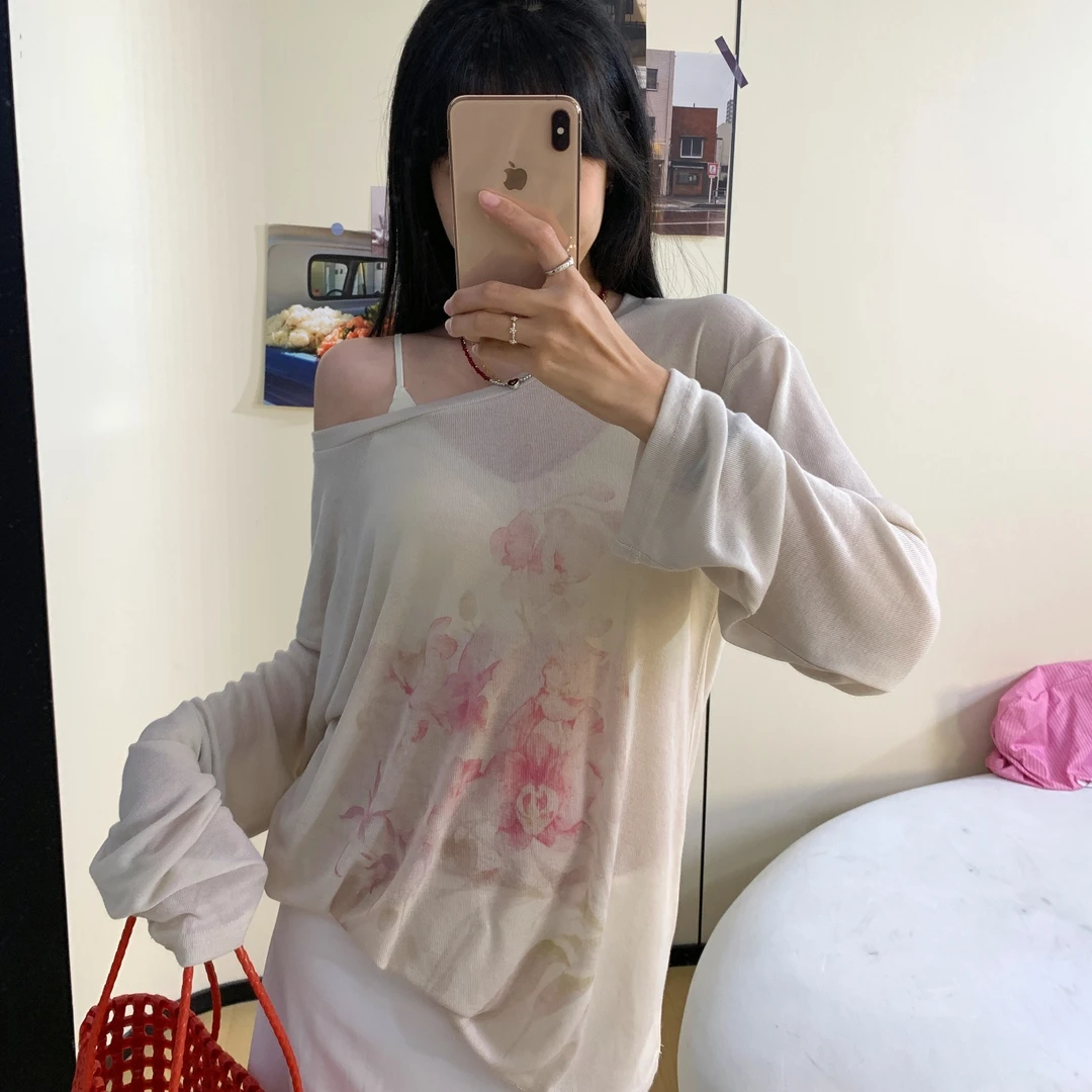 夏季薄款花卉印花防晒罩衫女宽松慵懒风斜肩长袖t恤高级感上衣