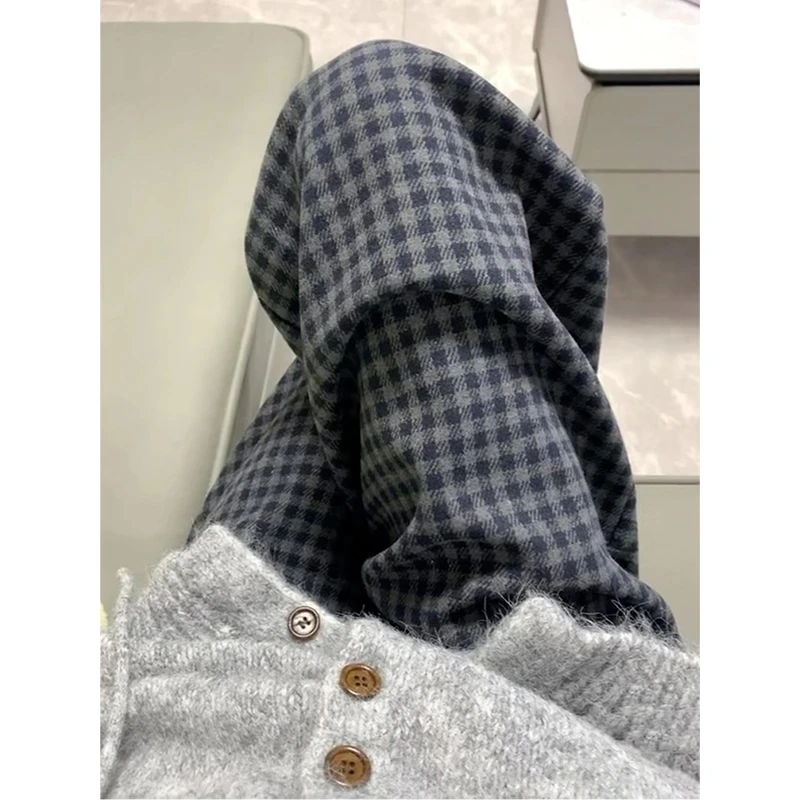 复古宽松中线格子裤女2025新款慵懒风阔腿裤毛呢直筒经典拖地裤