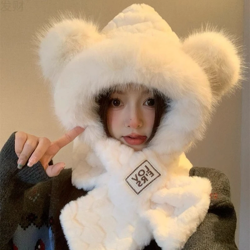 小熊毛绒帽子围巾一女秋冬季防风防寒加厚可爱护耳保暖骑行围脖