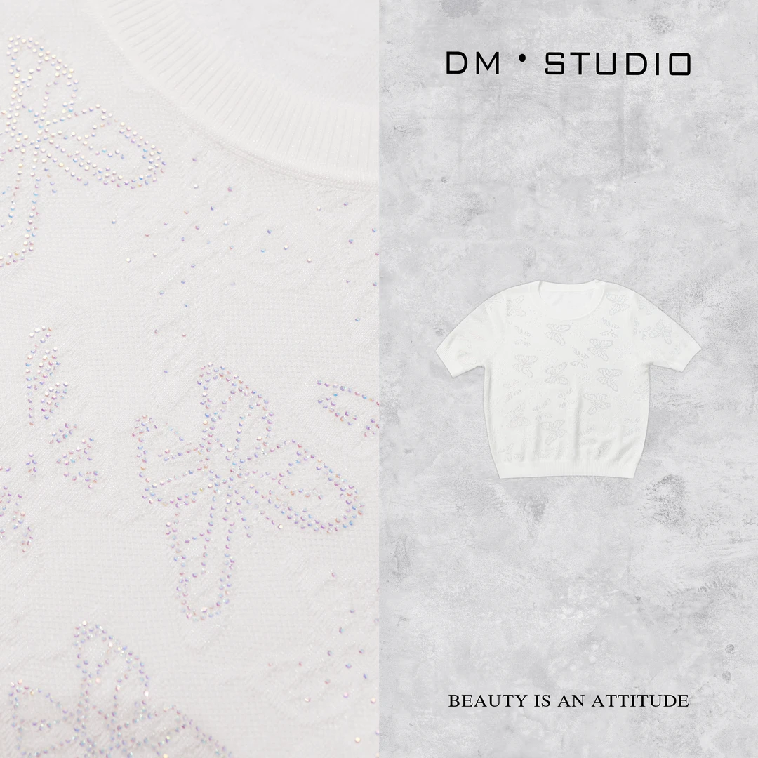 DEDM•STUDIO/减龄高级感小众蝴蝶烫钻短袖针织上衣2504ZZS/3588