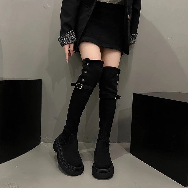 时尚百搭两穿翻折厚底长筒靴子女2025年秋冬季新款粗跟过膝骑士靴